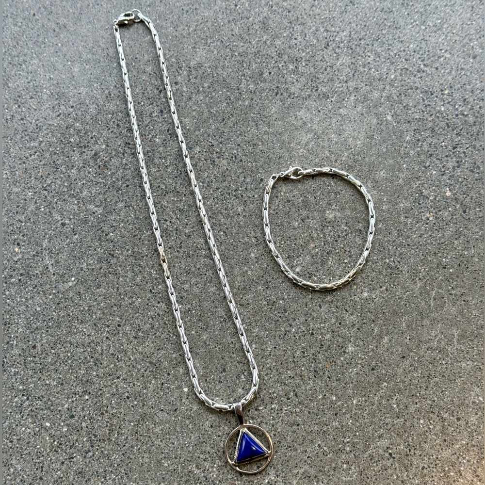 Vintage Silver and Blue Necklace and Bracelet Set  TJW Sterling Native American